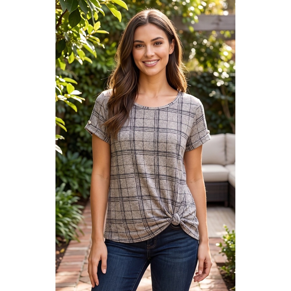 Vintage Rose Plaid Short Roll-Tab Sleeve Side Knot Top Grey Black Large